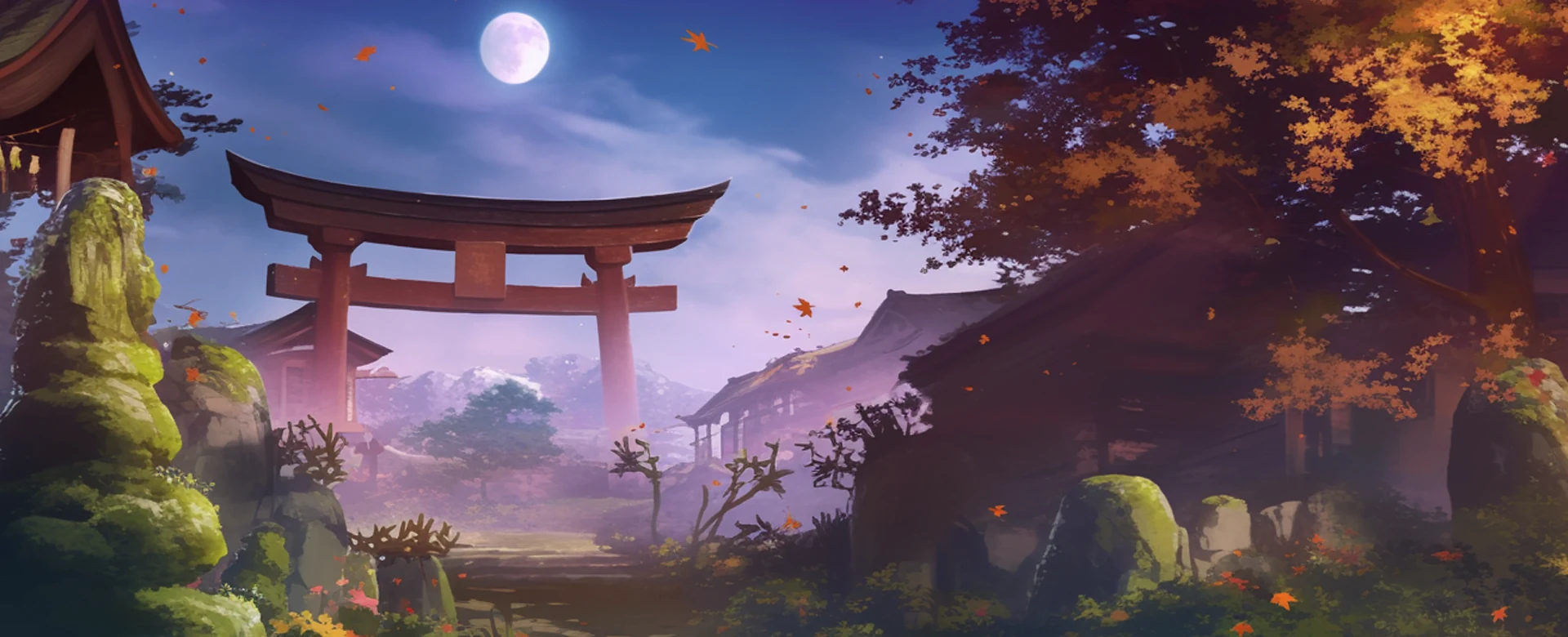 A moonlit mountain shrine beneath an autumn sky
